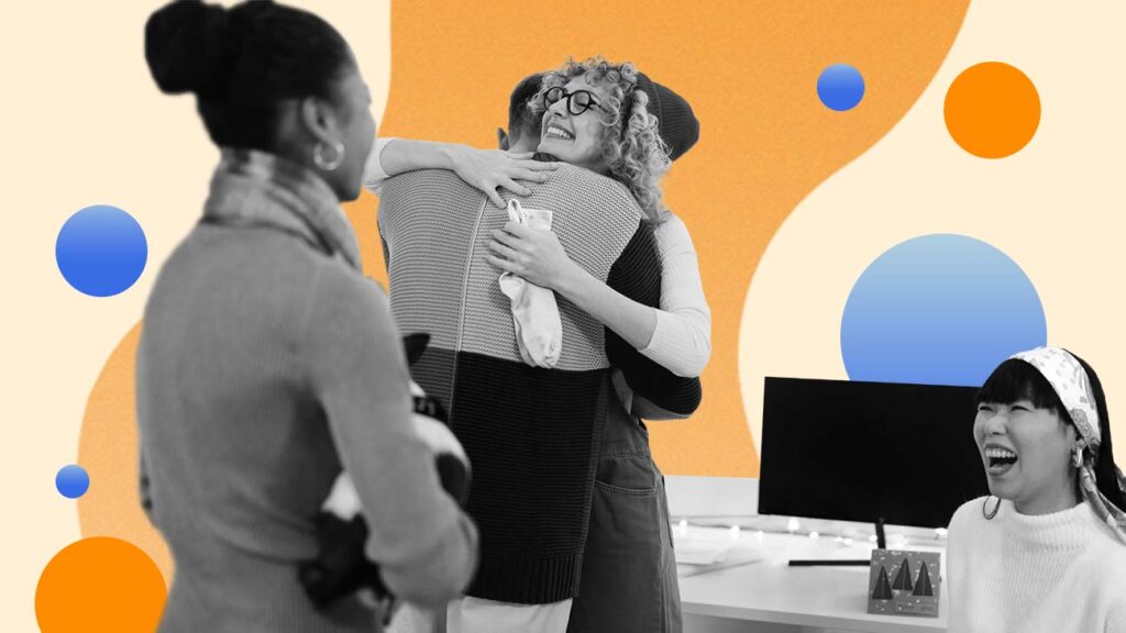 Haz collages con personas en el lugar de trabajo, abrázate y expresa gratitud.