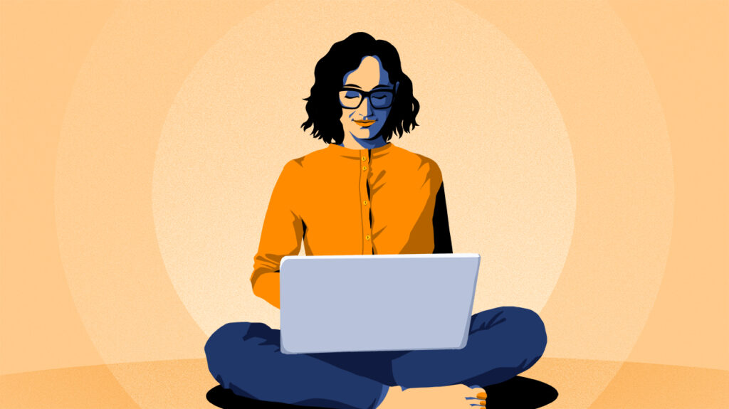 Ilustración de una mujer con una computadora portátil